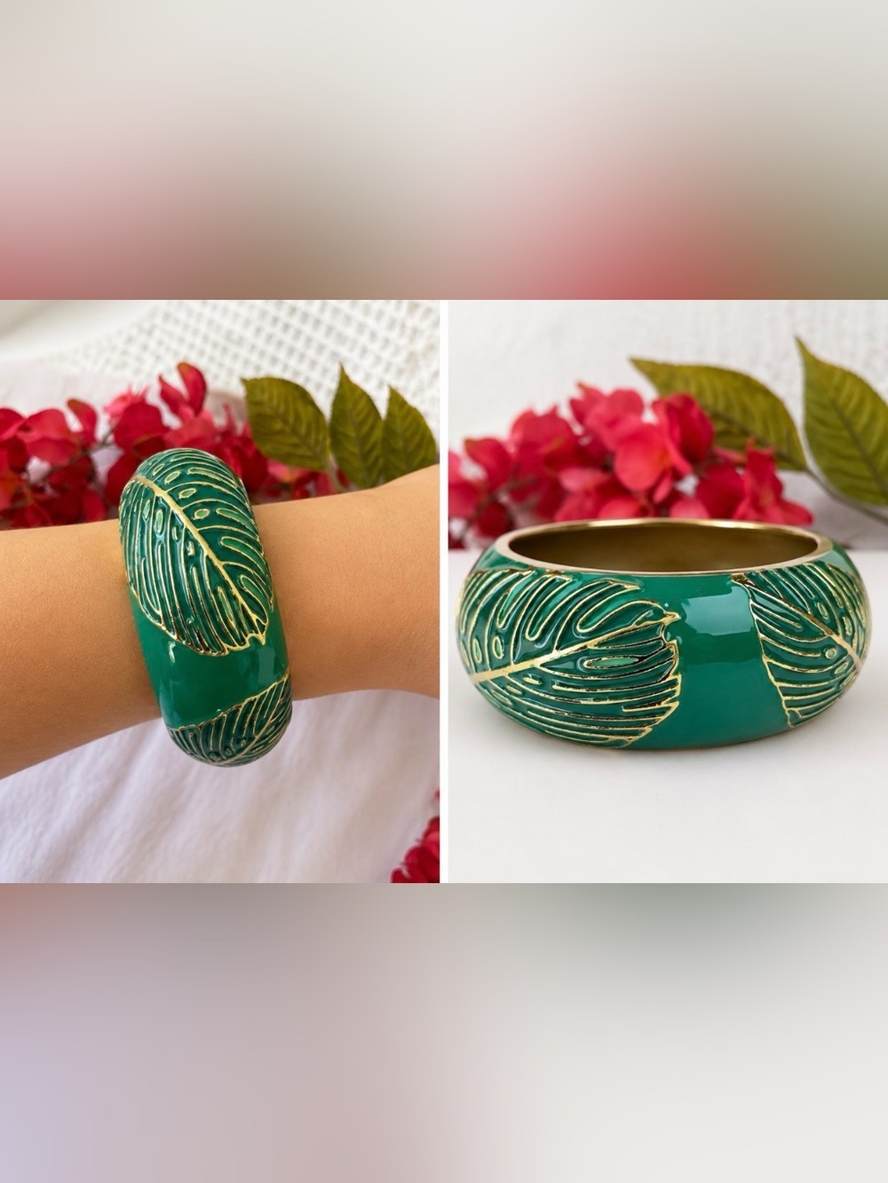 Gold Green Enamel Cloisonne Bangle Bracelet 1.5" Wide Leaves Summer Hinged NEW